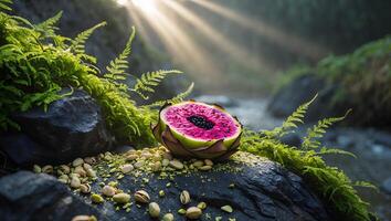 Sliced Dragon Fruit with Pistachios by a Creek in Sunlight photo