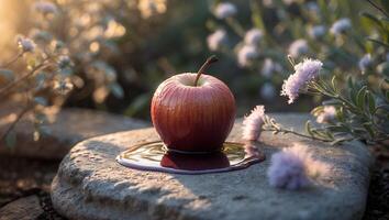 Apple Resting on Stone with Flowing Liquid and Flower Background photo