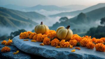 Mini Pumpkins and Marigolds on Stone with Mountain View Landscape photo