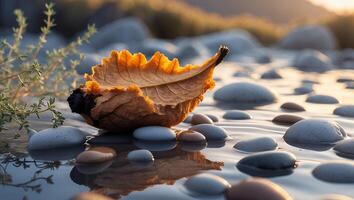 Single Leaf Resting on River Rocks with Reflection in Water photo