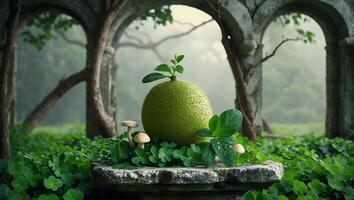 Green Fruit with Sprout on Stone Slab in Lush Garden photo