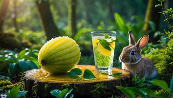 Refreshing Lemonade Drink and Brown Rabbit in Natural Forest Setting photo