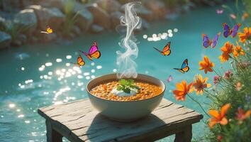 Steaming Bowl of Soup by Water with Butterflies and Flowers photo