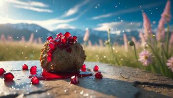 Pomegranate Seeded Ball with Red Juice on Stone Slab Outdoors photo