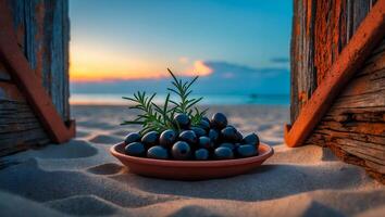 Olives with Rosemary on Plate at Beach During Sunset Scene photo