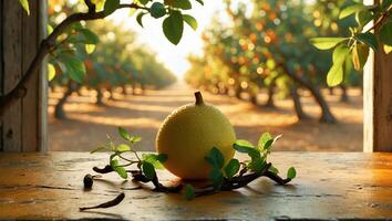 Lemon with Orchard View Still Life on a Wooden Table photo