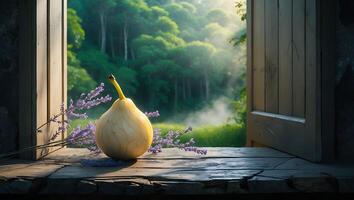 Pear Still Life with Lavender and Forest Through Rustic Window photo