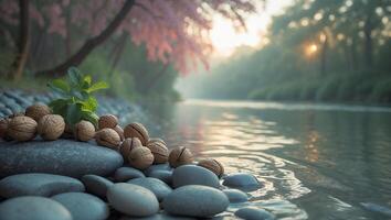 Walnuts and Rocks by a Tranquil River at Sunset photo