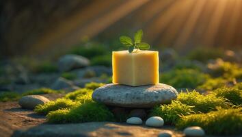 Soap Cube on Stone with Plant Sprout in Natural Light photo