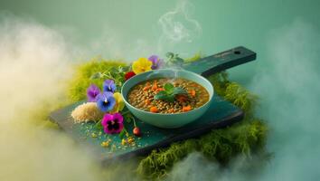 Serving Steaming Bowl of Lentil Soup Garnished with Flowers and Herbs photo