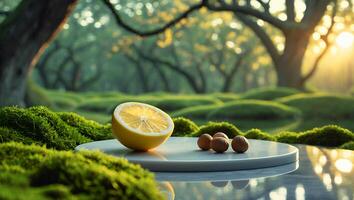 Lemon and Nuts on Marble Table in Lush Green Natural Setting photo