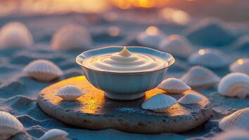 Bowl of Creamy Dessert on Stone at Beach During Golden Hour photo