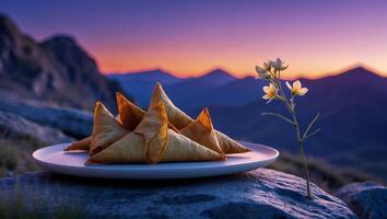 Serving Triangle Pastries with Flower Against Mountain Backdrop at Sunset photo