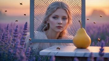 Woman Gazing Through Frame with Lavender Field and Pear Still Life photo