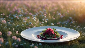 Pomegranate Salad on Plate in Field of Flowers Summer Setting photo
