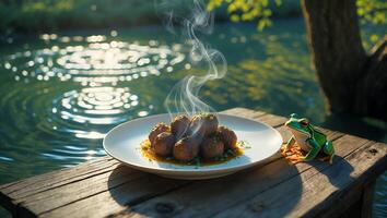 Steaming Meatballs on Plate Near Pond and Frog on Wood photo