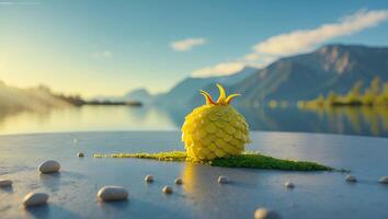 Fantasy Yellow Fruit on Platform with Mountain and Lake Backdrop photo