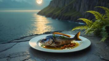 Prepared Fish Plate with Ocean View and Fern Fronds Outdoors photo