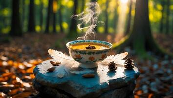 Bowl of Steaming Soup with Forest Background and Natural Elements photo