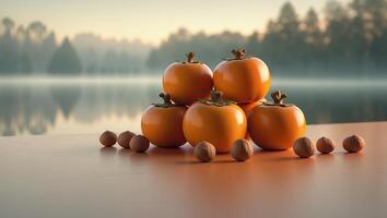 Arrangement of Orange Fruits and Hazelnuts on a Smooth Surface photo