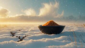 Serving of Orange Shreds in Bowl on Winter Landscape at Sunrise photo