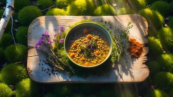 Serving Lentil Soup Outdoors on Wooden Board with Natural Setting photo