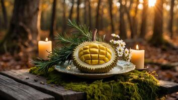 Durian Fruit Display with Candles and Flowers in Forest Setting photo