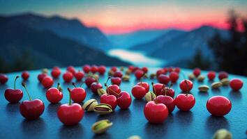 Cherries and Pistachios on Table with Mountain Sunset Background photo
