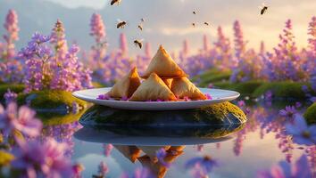 Serving Triangular Pastries in a Whimsical Floral Landscape with Bees photo