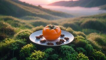Persimmon and Anise on Plate in Landscape at Sunrise photo