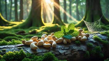 Cashews with Mint Leaves on Log in Forest Sunlight photo