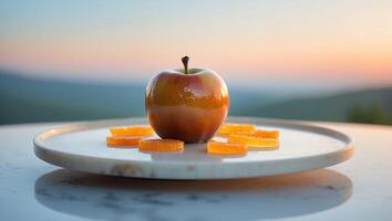 Delicious Red Apple with Orange Slices on Plate During Sunset photo