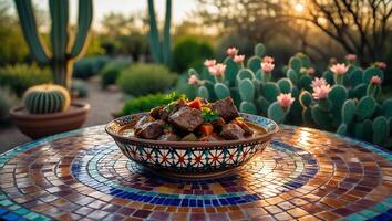 Serving Beef Stew in Garden with Cacti at Sunset photo
