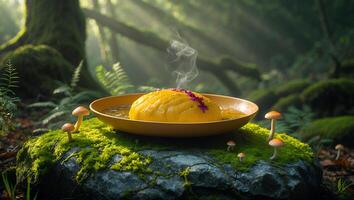 Steaming Food on Mossy Rock in Forest with Mushrooms and Sunbeams photo
