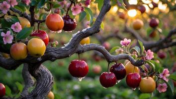 Apples Hanging on Tree Branches with Pink Flowers and Sunset Glow photo