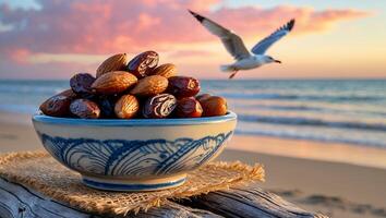 Bowl of Dates and Almonds by the Sea with Seagull Flying photo