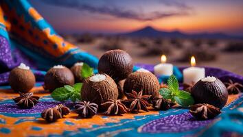 Coconuts Anise Stars and Candles on Colorful Cloth Desert Sunset photo
