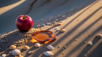 Red Apple and Amber Slab on Beach Sand with Seashells photo