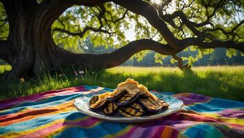 Grilled Eggplant Dish on Picnic Blanket Under Large Green Tree photo