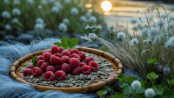 Raspberries and Seeds on Tray with Natural Setting and Sunset photo