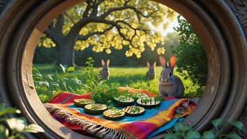 Bunnies Enjoying Grilled Zucchini on Blanket in Sunny Meadow Scene photo