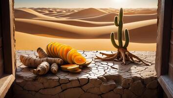 Orange Slices and Cactus on Cracked Earth in Desert Landscape photo