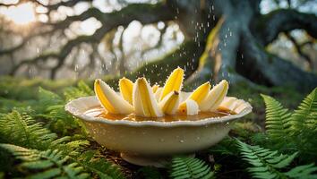 Bananas Soaking in Bowl Outdoor Scene with Water Droplets photo