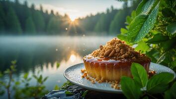 Delicious Tart with Almonds and Crumble by a Serene Lake at Sunrise photo