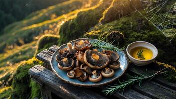Fresh Mushrooms on Plate with Olive Oil in Natural Setting photo