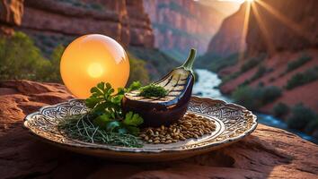 Grilled Eggplant with Herbs and Pine Nuts by a River at Sunset photo