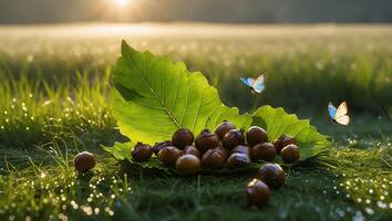 Chestnuts on Leaf with Butterflies in Dew Covered Grass Field photo