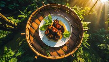 Serving Stuffed Vegetables on Tray in Forest Setting with Sunlight photo