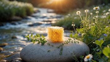 Honeycomb on River Rock with Wildflowers and Sunlit River Background photo