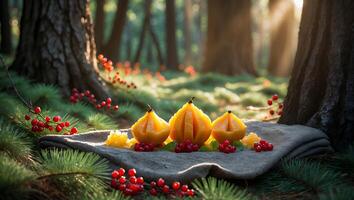 Arrangement of Yellow Fruit with Berries on Cloth in Forest photo